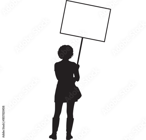Silhouette of a woman holding a blank protest placard against a white background