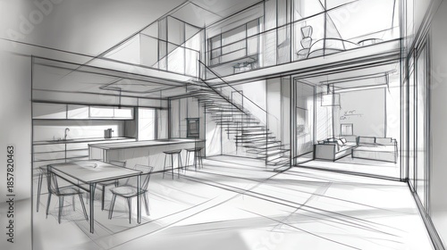Interior design sketch; living and dining room with modern staircase, bright space