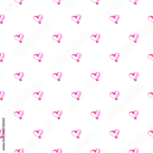 Minimal seamless pattern with small watercolor pink hearts on white background. Delicate romantic design for baby products, stationery, wrapping paper, textiles and Valentine’s Day projects.