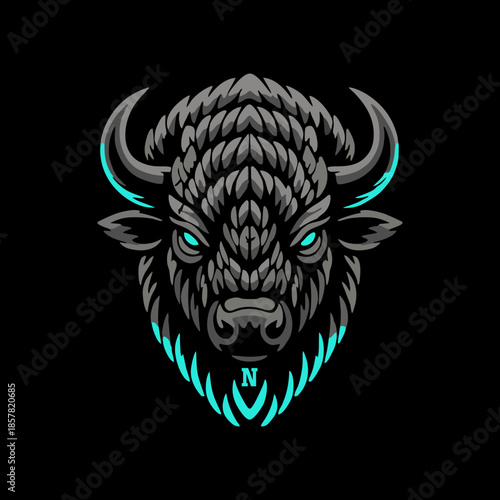 A striking stylized bison head with glowing blue eyes and outlines on a dark background, featuring intricate details and a fierce expression.