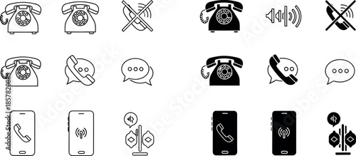 Set of communication icons featuring retro rotary phones smartphones speech bubbles and signal symbols in line style.