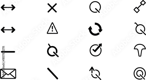 Collection of minimalist user interface icons including navigation arrows alert symbols and mail for web application design.