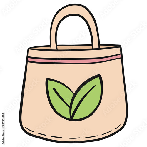 Doodle eco-friendly shopper bag with hand-drawn leaves isolated on white background. image represents sustainability, conscious everyday choices and love for nature