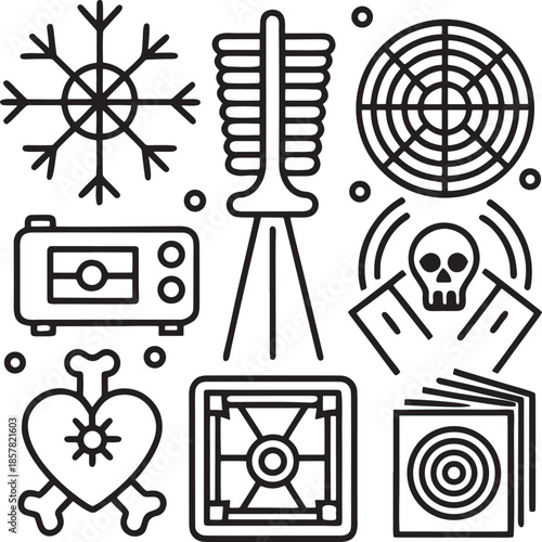 Collection of scientific and medical icons including snowflake, radiation, and heart Vector.