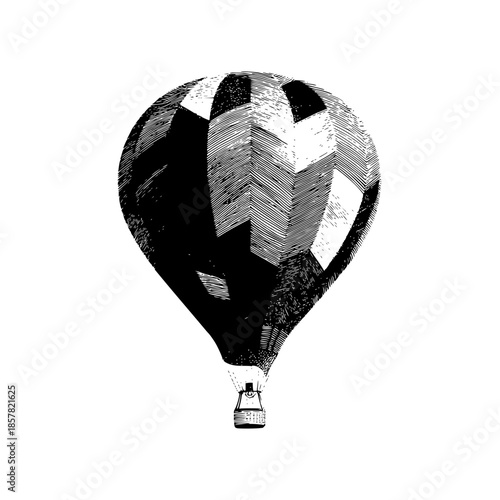 Vintage hot air balloon illustration black and white drawing travel adventure transportation airship design graphic art