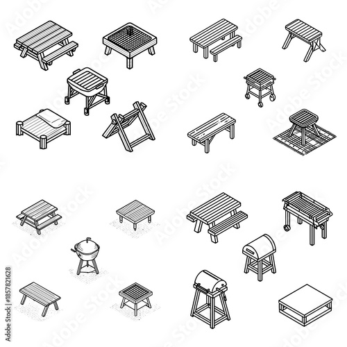 Isometric line art furniture set with benches tables stools and workstations, clean outline illustrations isolated on white background for interior planning diagrams and design systems