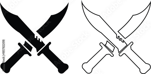 Black sword icon set in flat and line style, crossed blade weapon silhouette featuring medieval combat symbols and fantasy warfare graphic minimal monochrome arms vector pack with synonym elements