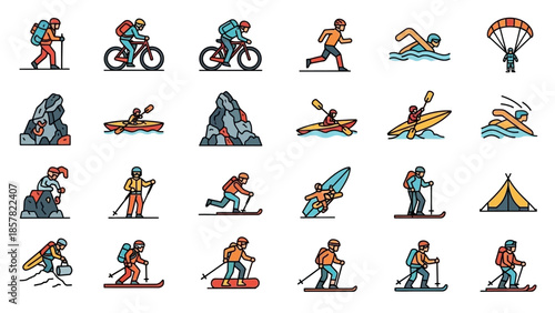 Collection of Outdoor Adventure Sports and Activities Icons.