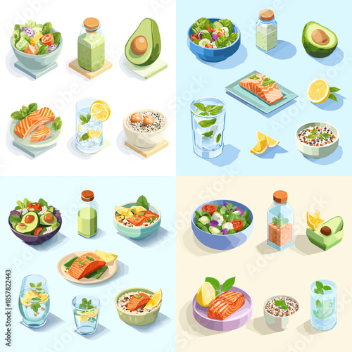 Isometric watercolor fresh salad bowls smoothies and healthy drinks, vibrant hand painted food illustrations isolated on white background for wellness lifestyle nutrition and menu design