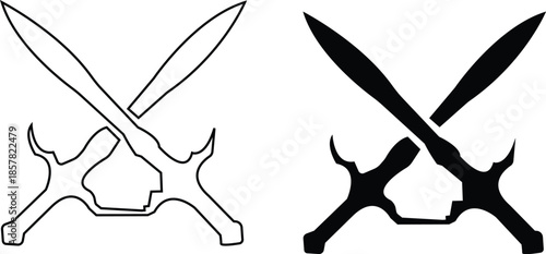 Black sword icon set in flat and line style, crossed blade weapon silhouette featuring medieval combat symbols and fantasy warfare graphic minimal monochrome arms vector pack with synonym elements