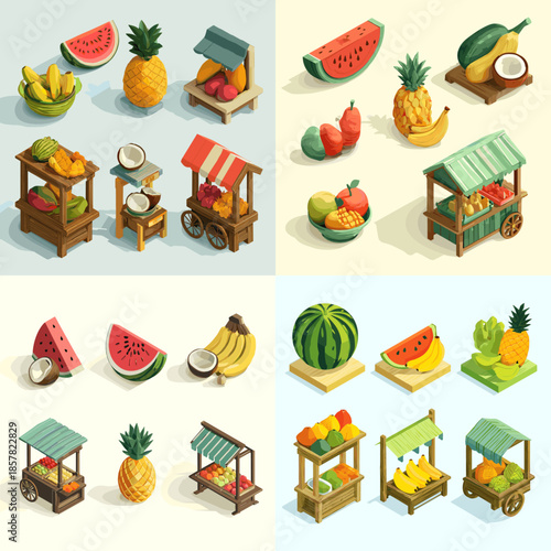Isometric watercolor fruit market stalls with fresh watermelon pineapple and bananas, colorful hand painted street food illustrations isolated on white background for city design