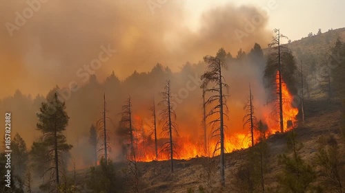 Forest Fire Rages on a Smoky Hillside