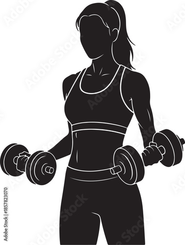 Vector  illustration of Fitness woman silhouette lifting dumbbells, bicep curl exercise, isolated on white background.