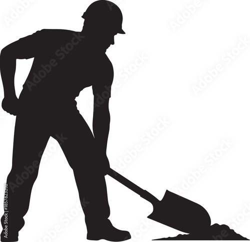Vector  illustration of Silhouette of a construction worker or gardener digging with a shovel, isolated on white background