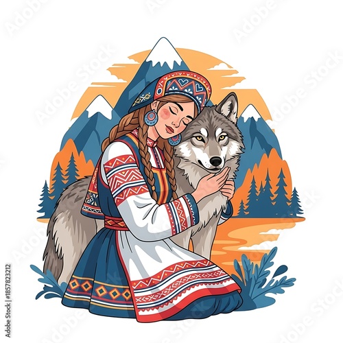 A woman in traditional attire embraces a wolf against a backdrop of mountains and foliage. It conveys a bond