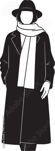 Vector  illustration of Silhouette of a woman wearing a hat, scarf, and long coat, isolated on white background