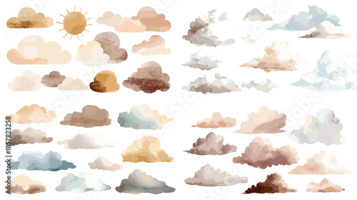 Watercolor cloud shapes in soft pastel sky colors, dreamy hand painted illustrations isolated on white background, perfect for weather design kids decor and whimsical backgrounds