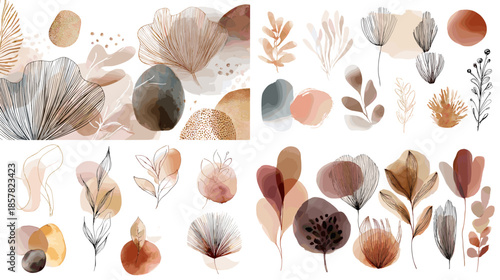 Soft watercolor botanical elements with abstract leaves flowers and organic shapes in warm earthy tones, elegant nature inspired illustrations isolated on white background for boho design