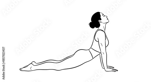 A woman is depicted in a monochromatic outline illustration, arched in a yoga pose against a white background