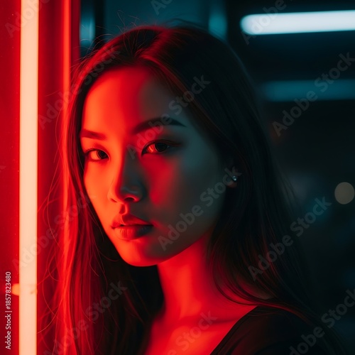 A woman is framed by neon light. A gaze meets the viewer. Shadows and highlights. A modern portrait. Cinematic lighting