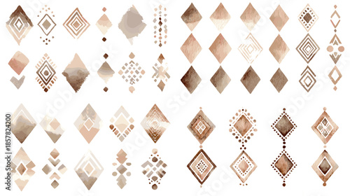 Minimal watercolor geometric diamond shapes in warm earthy tones, elegant abstract elements isolated on white background, perfect for boho decor branding patterns and modern design projects