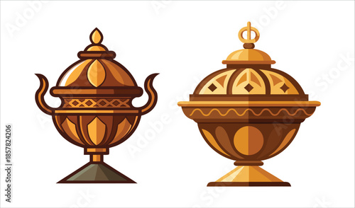 Elegant Ornate Bronze and Gold Incense Burners, Decorative Vessels with Lids, Isolated