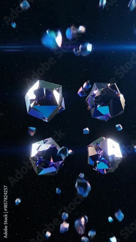 Abstract crystal explosion with vibrant blue and purple colors on black background.
