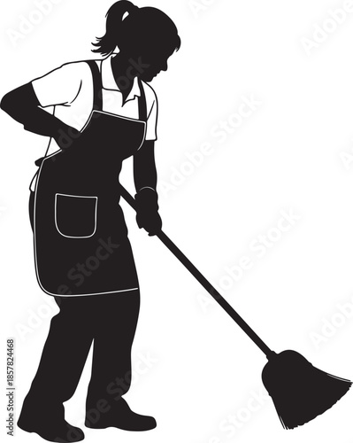 Vector  illustration of Silhouette of a cleaning woman sweeping the floor with a broom, isolated on white background.