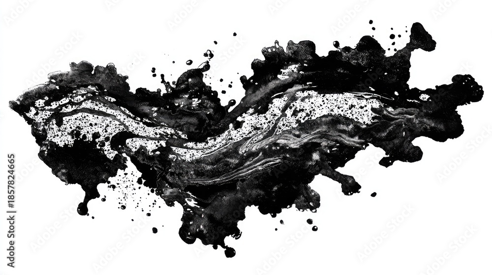 Fototapeta premium Fluid dynamic black ink splash displays intricate texture against a stark white background