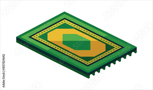 Green Islamic Prayer Rug with Yellow Geometric Pattern on a White Background - Isometric View