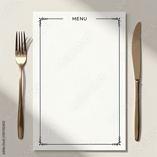 Elegant Restaurant Menu Mockup with Gold Cutlery. Blank Food and Drink List with Fork and Knife. Restaurant menu design