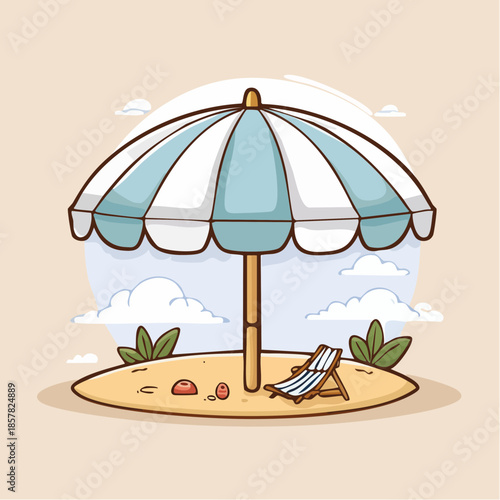 Charming illustration of a tranquil summer beach scene with a striped sun umbrella and a lounge chair on a small sandy island, evoking vacation and tropical relaxation