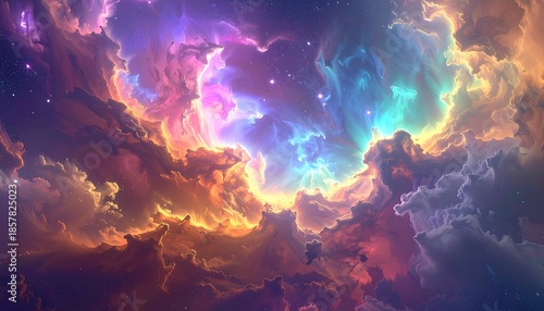 Colorful nebula cloudscape, vibrant with purples, blues, golds, and hints of pink. Cosmic glow and distant stars