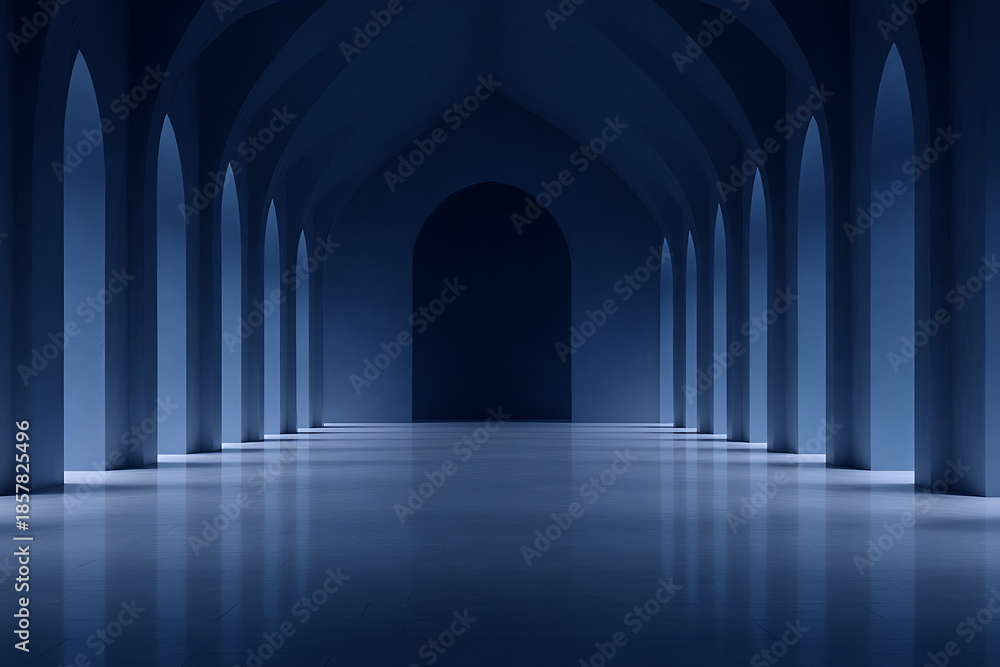 Obraz premium mosque interior during night, quiet, serene mosque interior at night, with visible prayer rows and peaceful silence, illuminated by soft blue lighting