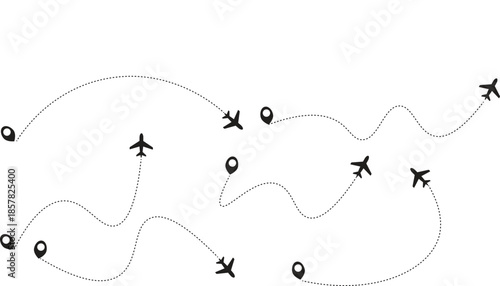 Airplane dotted route lines with location pins depicting air travel and journey