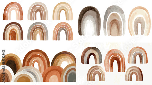 Boho rainbow watercolor illustration set in warm earthy colors. Soft hand painted abstract arches ideal for nursery art and modern decorative designs.