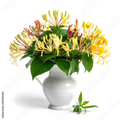Yellow and pink honeysuckle blooms in white pitcher with green leaves, isolated against a white backdrop