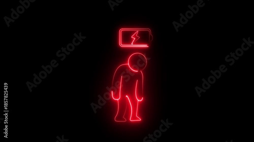 Glowing neon showing a low battery icon and a tired person appearing in the foreground, suggesting a concept of burnout and fatigue in medical professionals .HD video motion graphic ,animation.