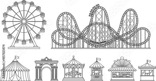 Amusement park line drawing, black and white attraction sketch, Ferris wheel roller coaster illustration, fun fair vector clipartVVVVVVVVVV