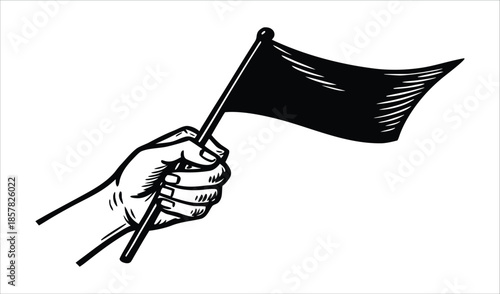 Hand holding a black flag on a pole, isolated on white, graphic illustration, protest symbol