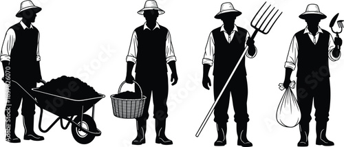 Farmer silhouette collection, agricultural labor icons, black farming clipart, tool usage poses, rural work design, isolated figures
