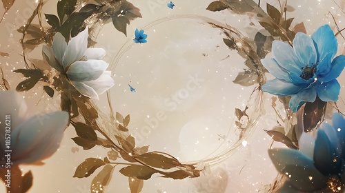 Floral wreath illustration with delicate blossoms and sparkling details.