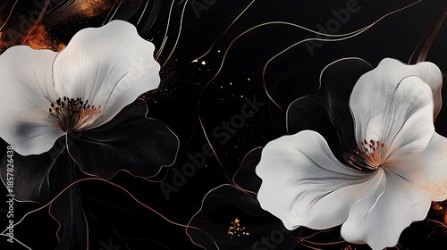 Elegant floral illustration with white blooms and gold accents on black background.