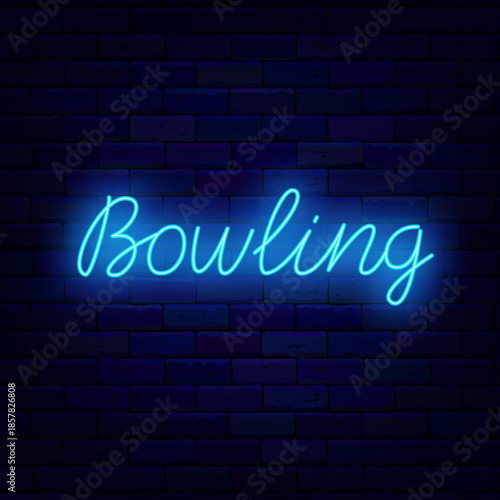 Bowling academy and club neon label. Glowing lettering. Strike winning. Sport tournament sign on brick wall. Editable stroke. Vector stock illustration