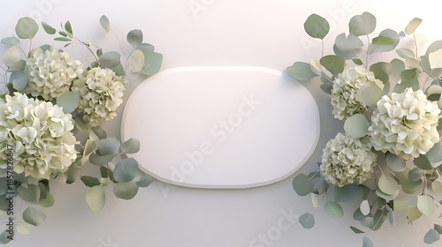 Floral arrangement with blank oval frame for display.