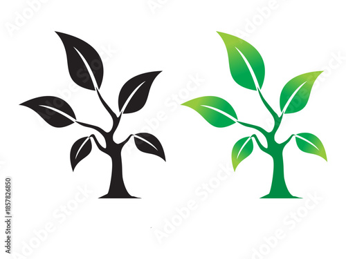 Minimal tree icon in black and green colors representing nature, ecology, growth, sustainability and environmental design