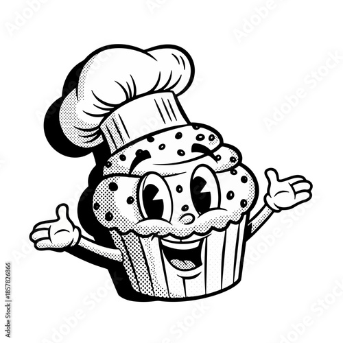Whimsical cartoon character of a cupcake wearing a chef's hat, waving happily, and looking very pleased with itself, rendered in a retro comic book style