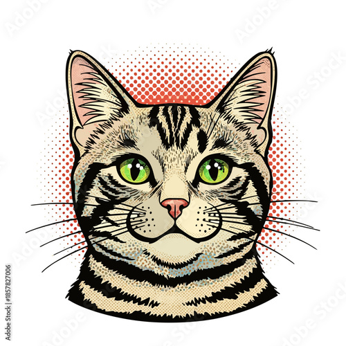 Vibrant pop art style illustration of a charming tabby cat's face with striking green eyes and a playful expression, set against a classic halftone dot background