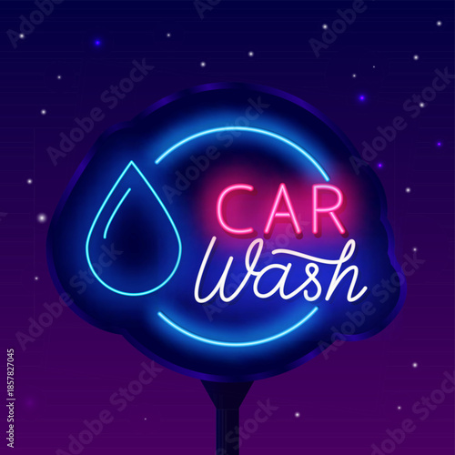 Car wash neon street billboard with drop. Typography with circle frame. Auto clean service. Light outdoor emblem. Laser banner. Editable stroke. Vector stock illustration
