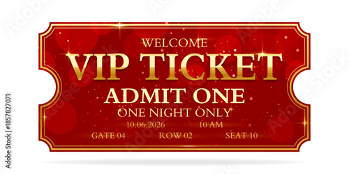 Realistic red ticket admit for festivals, event, theater, concert, play.